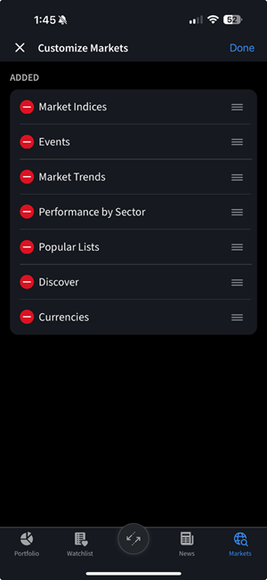 The customize markets option on the iPhone. 